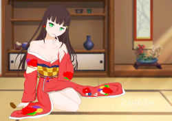 Rule 34 | 1girl, absurdres, artist name, artist request, bare shoulders, black hair, breasts, cleavage, female focus, flower print, full body, green eyes, hair ornament, hairclip, highres, japanese clothes, khk-rin, kimono, kurosawa dia, long hair, looking at viewer, love live!, love live! sunshine!!, medium breasts, mole, mole under mouth, parted lips, red kimono, sitting, solo