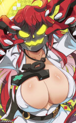 Rule 34 | 1girl, absurdres, ankh, black gloves, bodysuit, breasts, cleavage, gloves, glowing mouth, guilty gear, guilty gear strive, hair between eyes, halo, highres, huge breasts, jack-o&#039; valentine, long hair, looking at viewer, multicolored hair, orphen (pink seito), pumpkin mask, red hair, solo, spiked halo, two-tone hair, white bodysuit, white hair