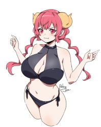Rule 34 | artist name, bare shoulders, bikini, black bikini, breasts, cleavage, closed mouth, cowboy shot, cropped legs, dragon girl, dragon horns, fang, hands up, horns, ilulu (maidragon), kobayashi-san chi no maidragon, large breasts, long hair, navel, pink eyes, pink hair, pointy ears, relaxjon, shortstack, side-tie bikini bottom, simple background, smile, solo, standing, swimsuit, twintails, white background
