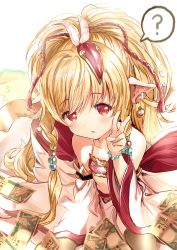 Rule 34 | 1girl, ?, aldehyde, animal ears, bare shoulders, bead bracelet, beads, blonde hair, blush, bracelet, brown thighhighs, chinese zodiac, commentary request, detached sleeves, earrings, feather hair ornament, feathers, granblue fantasy, hair beads, hair ornament, harvin, highres, jewelry, looking at viewer, mahira (granblue fantasy), money, petite, red eyes, sitting, solo, spoken question mark, thighhighs, v, wide sleeves, year of the rooster