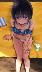 Rule 34 | 1girl, arm support, bare shoulders, bikini, black hair, blunt bangs, blush, bottle, brown background, closed mouth, collarbone, dot nose, feet out of frame, flat chest, frilled bikini, frills, from above, frown, futou ryouko, groin, hand on own leg, hand on own thigh, idolmaster, idolmaster cinderella girls, legs together, looking at viewer, mat, mismatched bikini, multi-strapped bikini, navel, purple eyes, shade, shirayuki chiyo, solo, swimsuit, thigh gap, tsurime, v-shaped eyebrows, water bottle, yellow background