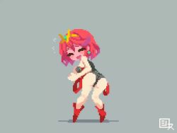 Rule 34 | 1girl, animated, animated gif, ass, ass shake, blush, bouncing breasts, breasts, chibi, closed eyes, competition swimsuit, earrings, embarrassed, from behind, full body, hairband, high heels, jewelry, looking at viewer, looking back, one-piece swimsuit, open mouth, pixel art, pyra (xenoblade), red hair, shirosu, short hair, smile, standing, swimsuit, xenoblade chronicles (series), xenoblade chronicles 2