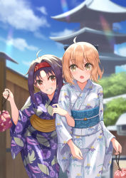 Rule 34 | 2girls, absurdres, ahoge, black ribbon, blonde hair, blurry, blurry background, blush, brown eyes, castle, commentary request, commission, crossover, day, depth of field, fate/grand order, fate (series), floral print, grin, hairband, highres, holding, japanese clothes, kimono, locked arms, matsuba moco, multiple girls, obi, okita souji (fate), okita souji (koha-ace), open mouth, outdoors, parted bangs, pouch, print kimono, purple hair, purple kimono, red eyes, red hairband, ribbon, sash, skeb commission, smile, sword art online, white kimono, yukata, yuuki (sao)