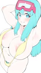 Rule 34 | 1girl, :&gt;, alternate breast size, ass, bare legs, bare shoulders, barefoot, blue eyes, blue hair, breasts, cleavage, curvy, dragon ball, dragonball z, hand in own hair, highres, large breasts, lips, long hair, maron (dragon ball), matching hair/eyes, noblood (ryandomonica), one-piece swimsuit, pubic hair, shiny skin, slingshot swimsuit, smile, solo, sweat, swimsuit, tattoo, teeth, thighs, white background, wide hips