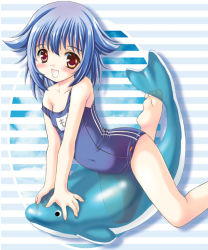 Rule 34 | 00s, 1girl, barefoot, blue hair, blush, brown eyes, feet, flat chest, inflatable dolphin, inflatable toy, mizushiro takuya, mone, name tag, one-piece swimsuit, school swimsuit, short hair, solo, straddling, strap slip, swimsuit, yumeria