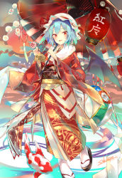 Rule 34 | 1girl, alternate costume, artist name, bat wings, black wings, blue hair, chromatic aberration, commentary request, dated, ema, fish, fur collar, hands up, hat, hat ribbon, highres, holding, holding umbrella, japanese clothes, kimono, lantern, long sleeves, looking at viewer, mob cap, new year, obi, oil-paper umbrella, paper balloon, paper lantern, pointy ears, pom pom (clothes), red eyes, red kimono, remilia scarlet, ribbon, sakusyo, sandals, sash, short hair, smile, solo, tabi, tassel, touhou, umbrella, white hat, white legwear, wide sleeves, wings
