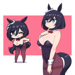 Rule 34 | 1girl, ;), animal ears, bare shoulders, between legs, black hair, black leotard, blue eyes, bow, bowtie, breasts, chan co, cleavage, closed mouth, detached collar, finger to mouth, full body, hair between eyes, hand between legs, highleg, highleg leotard, horse ears, horse girl, horse tail, index finger raised, large breasts, leotard, medium hair, multiple views, nontraditional playboy bunny, one eye closed, pantyhose, playboy bunny, red neckwear, simple background, smile, solo focus, tail, thighs, two-tone background, umamusume, wrist cuffs