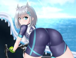 Rule 34 | 1girl, animal ears, aqua eyes, artist request, ass, bicycle, bike shorts, blue archive, blush, breasts, cameltoe, from behind, gloves, huge ass, looking at viewer, looking back, shiny clothes, shiroko (blue archive), short hair, sideboob, silver hair, skin tight, solo