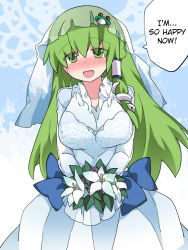 Rule 34 | 1girl, :d, blue bow, blush, bouquet, bow, breasts, bridal veil, dress, eyes visible through hair, flower, frog hair ornament, green hair, hair ornament, hair tubes, hammer (sunset beach), happy, hard-translated, holding, holding bouquet, kochiya sanae, large breasts, long hair, long sleeves, looking at viewer, open mouth, smile, snake hair ornament, solo, speech bubble, standing, third-party edit, touhou, translated, veil, wedding dress, white dress