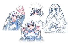 Rule 34 | 1girl, arm up, blue eyes, blue shirt, blunt bangs, blush, breasts, chibi, clothing cutout, commentary, cropped torso, hand on own hip, hands up, large breasts, layered sleeves, long hair, multiple views, nervous sweating, obi, obijime, outstretched hand, partially colored, sash, shirt, shoulder cutout, simple background, sweat, symbol-only commentary, underbust, uotak, v-shaped eyebrows, voicevox, white background, white hair, whitecul, wide-eyed, wide sleeves