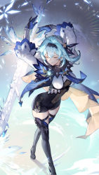 Rule 34 | 1girl, arms up, black headband, black shorts, black thighhighs, blue hair, blue necktie, bodystocking, boots, breasts, cape, closed eyes, eula (genshin impact), genshin impact, hair ornament, headband, high heel boots, high heels, highres, holding, holding sword, holding weapon, ice, juliet sleeves, long sleeves, medium breasts, necktie, parted lips, puffy sleeves, shorts, solo, spade-m, sword, thigh boots, thighhighs, two-tone gloves, vision (genshin impact), weapon, zettai ryouiki