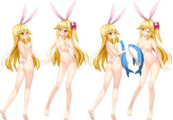 Rule 34 | 1girl, :o, absurdres, animal ears, ass, barefoot, blonde hair, blush, breasts, rabbit ears, rabbit tail, full body, grin, hair flaps, hair intakes, hair ornament, hairclip, heel up, highres, holding, holding stuffed toy, interlocked fingers, long hair, looking at viewer, medium breasts, multiple views, navel, nipples, no pussy, nude, hugging object, one eye closed, shy, smile, standing, stuffed animal, stuffed shark, stuffed toy, tail, transparent background