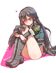 Rule 34 | 10s, 1girl, black footwear, black hair, blush, boots, brown eyes, chikuma (kancolle), heart, hugging own legs, kantai collection, knee boots, knees up, legs together, long hair, looking at viewer, military, military uniform, minimaru, no panties, pelvic curtain, side slit, sitting, smile, solo, twitter username, uniform