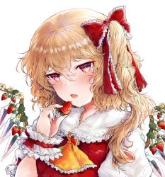 Rule 34 | 1girl, arm up, ascot, blonde hair, blush, commentary, commentary request, fang, fingernails, flandre scarlet, flower, food, frilled shirt collar, frills, fruit, hair between eyes, hair ribbon, head tilt, holding, holding food, holding fruit, looking at viewer, nail polish, no headwear, one side up, open mouth, plant, puffy short sleeves, puffy sleeves, red eyes, red nails, red vest, ribbon, shirt, short hair, short sleeves, simple background, skin fang, solo, strawberry, strawberry blossoms, symbol-only commentary, touhou, upper body, vest, vines, white background, white shirt, wings, wrist cuffs, yellow ascot, yuma (yuuma pants)