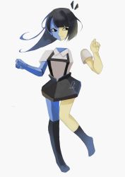 Rule 34 | 1girl, :|, asymmetrical legwear, black eyes, black hair, black skirt, blue skin, blunt bangs, clenched hand, closed mouth, colored skin, commentary, dated, disembodied head, disembodied hand, ena (joel g), ena (series), english commentary, full body, hands up, highres, kneehighs, knees together feet apart, long hair, looking at viewer, looking away, looking to the side, multicolored skin, no shoes, low poly, school uniform, short sleeves, signature, simple background, single kneehigh, single sock, skirt, socks, solo, standing, standing on one leg, suspenders, uneven legwear, usagimarumei, white background, yellow skin