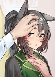 Rule 34 | 1girl, 1other, alternate costume, animal ears, blurry, blurry background, blush, collared shirt, commentary request, disembodied limb, green eyes, hair between eyes, hand on another&#039;s head, hand on own chest, highres, horse ears, horse girl, indoors, long hair, looking at viewer, multicolored hair, open mouth, pajamas, satono crown (umamusume), shirt, solo focus, solokitsune, streaked hair, umamusume, upper body, white hair