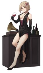 Rule 34 | 1girl, absurdres, act (xadachit), black dress, black footwear, black gloves, blonde hair, bottle, bracelet, breasts, brown eyes, butterfly hair ornament, commission, cross, cup, desk, dress, drinking glass, elbow gloves, full body, girls&#039; frontline, gloves, hair ornament, head tilt, high heels, highres, holding, holding cup, iron cross, jewelry, large breasts, leaning on object, medium hair, mp40 (girls&#039; frontline), necklace, non-web source, phonograph, plunging neckline, red wine, sideboob, simple background, solo, thighs, white background, wine glass