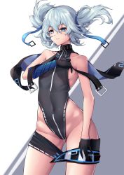 Rule 34 | 1girl, black gloves, black leotard, black shorts, blue eyes, blue hair, breasts, cape, chinese commentary, commentary request, cowboy shot, eol 9, girls&#039; frontline, gloves, grey background, highleg, highleg leotard, highres, leotard, medium breasts, mixed-language commentary, pa-15 (girls&#039; frontline), shorts, smile, standing, turtleneck, twintails, two-tone background, undressing, white background