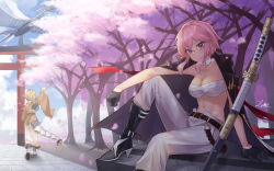 Rule 34 | 2girls, alchemy stars, arm support, bandaged neck, bandages, bandeau, bare arms, belt, black belt, black coat, black footwear, black gloves, blue sky, boots, breasts, brown hair, brown kimono, cherry blossoms, chest sarashi, cleavage, cloud, coat, coat on shoulders, commentary, day, foot out of frame, from behind, gloves, hand fan, high heel boots, high heels, highres, hiiro (alchemy stars), japanese clothes, katana, kimono, knee up, large breasts, midriff, multiple girls, navel, outdoors, pants, paper fan, petals, pink hair, purple eyes, sarashi, scabbard, sheath, sheathed, short hair, sitting, skirt, sky, standing, stomach, strapless, sword, tail, torii, tree, tube top, uchiwa, vice (alchemy stars), weapon, white pants, white skirt, z.m. (zimin)