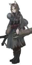 Rule 34 | 1girl, absurdres, animal ears, armor, bandaged arm, bandages, black footwear, blood, blood on clothes, blood on face, boots, breastplate, coat, full body, grey coat, grey hair, gun, hair between eyes, hair ornament, hairclip, highres, holding, holding gun, holding weapon, long sleeves, magazine (weapon), original, panzerfaust, short hair, short hair with long locks, sidelocks, solo, standing, submachine gun, user dhcx5474, weapon, yellow eyes