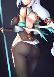 Rule 34 | 1girl, absurdres, ass, ass focus, back cutout, blue hair, bodysuit, braid, breast curtains, breasts, clothing cutout, earrings, elbow gloves, from behind, genshin impact, gloves, hair tassel, highres, holding, holding polearm, holding weapon, huge ass, jewelry, large breasts, light blue hair, long hair, low-braided long hair, low-tied long hair, partially fingerless gloves, polearm, shenhe (genshin impact), shiny clothes, shoulder cutout, sideboob, simple background, solo, tassel, tassel earrings, vision (genshin impact), waist cutout, weapon, yuukaholic