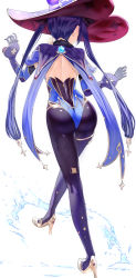 Rule 34 | 1girl, ass, back, black gloves, black hair, black pantyhose, blue cape, blue hat, blue leotard, bodystocking, breasts, cape, detached sleeves, earrings, fur collar, genshin impact, gloves, gold trim, hat, hat ornament, high heels, highleg, highleg leotard, highres, huge ass, jewelry, legs, leotard, long hair, medium breasts, mona (genshin impact), pantyhose, pendant, solo, star (symbol), star earrings, thighlet, twintails, uenoryoma, vision (genshin impact), water, witch hat
