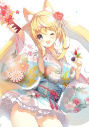Rule 34 | 1girl, amamiya mei, animal ear fluff, animal ears, blonde hair, blue eyes, breasts, commentary, contrapposto, cowboy shot, detached sleeves, floral print, flower, fox ears, fox tail, hagoita, hair between eyes, hair flower, hair ornament, hanetsuki, highres, holding, japanese clothes, kimono, large breasts, long hair, looking at viewer, new year, obi, one eye closed, open mouth, original, outstretched arm, p19, paddle, panties, pantyshot, sash, short kimono, smile, solo, standing, tail, twintails, underwear, very long hair, virtual youtuber, white background, wide sleeves, x hair ornament