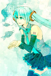 Rule 34 | 1girl, bad id, bad pixiv id, blue eyes, blue hair, commentary request, detached sleeves, female focus, fish, hatsune miku, kajiwara shikaji, matching hair/eyes, necktie, open mouth, skirt, smile, solo, tattoo, thighhighs, twintails, vocaloid, zettai ryouiki