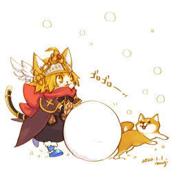 Rule 34 | 1boy, blonde hair, brown cape, cape, cat boy, commentary request, dated, full body, furry, furry male, head wings, looking afar, lowres, male focus, open mouth, ragnarok online, red scarf, ro mugi, scarf, shiba inu, short hair, signature, simple background, smile, snow, snowball, snowing, solo, summoner (ragnarok online), tail armor, visor (armor), walking, whiskers, white background, white wings, wings, yellow eyes