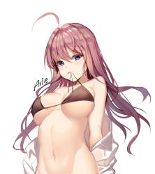 Rule 34 | 1girl, :3, ahoge, aile (crossroads), bare shoulders, bikini, black bikini, blue eyes, blush, breasts, brown bikini, brown hair, closed mouth, commentary request, groin, hair between eyes, ichinose shiki, idolmaster, idolmaster cinderella girls, idolmaster cinderella girls starlight stage, large breasts, long hair, looking at viewer, mouth hold, navel, off shoulder, open clothes, open shirt, purple hair, shirt, signature, simple background, smile, solo, stomach, swimsuit, underboob, untied bikini, upper body, very long hair, white background, white shirt