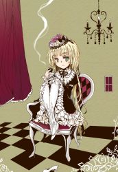 Rule 34 | 1girl, bad id, bad pixiv id, beige background, chair, checkered floor, collar, gosick, hafuri, hat, knees up, long hair, looking at viewer, mini hat, pantyhose, shoes, simple background, single shoe, sitting, smoke, smoking pipe, solo, very long hair, victorica de blois, white pantyhose