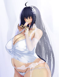 Rule 34 | 1girl, ahoge, ass, bare shoulders, black hair, breasts, bridal gauntlets, bridal legwear, bridal lingerie, bridal veil, bride, choker, cleavage, closed eyes, covered erect nipples, cowboy shot, detached sleeves, dress, from side, garter belt, garter straps, gloves, hair ornament, hatsusora sakuta, highres, holding, huge ass, huge breasts, jewelry, lace, lace-trimmed choker, lace-trimmed dress, lace-trimmed garter belt, lace-trimmed garter straps, lace-trimmed gloves, lace-trimmed panties, lace trim, lingerie, long hair, mature female, original, own hands together, panties, panties over garter belt, pregnant, pubic hair, pubic hair peek, puffy areolae, reflection, ribbon, ring, see-through, see-through panties, side-tie panties, simple background, skindentation, smile, tagme, thick thighs, thighs, underwear, veil, very long hair, wedding band, wedding dress, wedding lingerie, wedding ring, white background, white gloves, white legwear, white panties