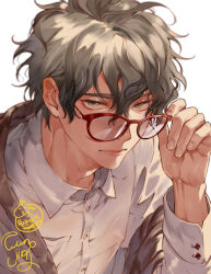 Rule 34 | 1boy, adjusting eyewear, buttoned cuffs, buttons, closed mouth, collared shirt, commentary, diamond button, english commentary, fingernails, funpjinju, glasses, green eyes, grey hair, grey jacket, hair between eyes, jacket, jacket partially removed, korean text, long sleeves, looking at viewer, looking over eyewear, male focus, original, red-framed eyewear, sanpaku, shirt, short hair, signature, simple background, solo, upper body, white background