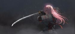 Rule 34 | 1girl, absurdres, aegisfate, armor, commentary, english commentary, highres, holding, holding sword, holding weapon, japanese armor, katana, long hair, original, pink hair, rain, science fiction, shoulder armor, sode, solo, sword, weapon