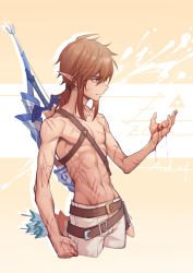 Rule 34 | 1boy, absurdres, arrow (projectile), arsh (thestarwish), belt, blood, blue eyes, bow (weapon), brown belt, brown hair, closed mouth, collarbone, cowboy shot, cropped legs, earrings, hand up, highres, jewelry, link, male focus, master sword, medium hair, nintendo, pants, pointy ears, ponytail, quiver, scar, scar on arm, scar on chest, solo, sword, the legend of zelda, topless male, weapon, weapon on back