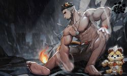 Rule 34 | 1boy, abs, alca (wakatanka4), animal ears, arm hair, bara, barefoot, beard, black hair, bulge, character doll, chest hair, commission, extra ears, facial hair, feet, fiery tail, flame-tipped tail, from side, full body, grey shorts, gyee, highres, jewelry, leg hair, lion boy, lion ears, lion tail, male focus, mature male, muscular, muscular male, navel, necklace, nipples, original, pectorals, peterhl, rain, short hair, shorts, soles, solo, spread legs, stomach, tail, thick eyebrows, thighs, topless male, torn clothes, torn shorts, undercut