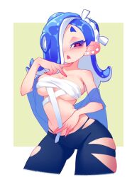 Rule 34 | 1girl, blue hair, blush, breasts, chest sarashi, cleavage, cowboy shot, ear piercing, green background, hair over one eye, heart, heart-shaped pupils, large breasts, legs apart, little blood, looking at viewer, nintendo, open mouth, pants, piercing, pointy ears, red eyes, sarashi, shiver (splatoon), skindentation, solo, splatoon (series), splatoon 3, symbol-shaped pupils, tentacle hair, thick thighs, thighs, thong, torn clothes, torn pants, wide hips
