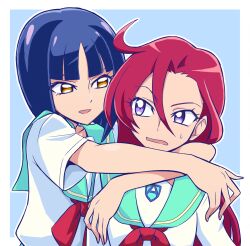 Rule 34 | aozora middle school uniform, aqua sailor collar, arms around neck, blue hair, bob cut, commentary request, frown, hair between eyes, half-closed eyes, highres, long hair, looking at another, looking back, neckerchief, open mouth, outline, partial commentary, precure, purple eyes, red hair, red neckerchief, sailor collar, school uniform, serafuku, shiratori yuriko, shirt, short hair, short sleeves, smile, sweatdrop, takizawa asuka, tropical-rouge! precure, usoco, white outline, white shirt, yellow eyes