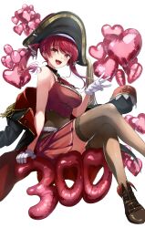 Rule 34 | 1girl, absurdres, anno masato, balloon, black thighhighs, crossed legs, gloves, hat, heart balloon, heterochromia, highres, hololive, houshou marine, pirate hat, red hair, red skirt, sitting, skirt, thighhighs, virtual youtuber, white gloves