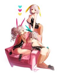 Rule 34 | 3girls, animal ears, artist name, ass, bad id, bad pixiv id, bare shoulders, blue eyes, blush, breasts, brown legwear, choker, cleavage, couch, elbow gloves, fake animal ears, finger in own mouth, gloves, heart, high heels, large breasts, leotard, long hair, looking at viewer, multiple girls, one eye closed, original, pantyhose, playboy bunny, purple eyes, rabbit ears, rabbit tail, shoes, short hair, signature, silver hair, simple background, sitting, standing, sukja, tail, thighhighs, twintails, yellow eyes