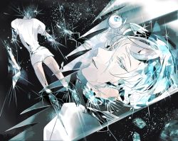 Rule 34 | 1other, amputee, androgynous, antarcticite, ao rui, colored eyelashes, commentary request, gem uniform (houseki no kuni), houseki no kuni, looking at viewer, quadruple amputee, shirt, short hair, shorts, solo, sparkle, white eyes, white hair