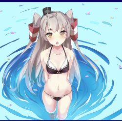 Rule 34 | 10s, 1girl, adapted costume, amatsukaze (kancolle), arms behind back, bare shoulders, bikini, black bikini, blush, brown eyes, chestnut mouth, collarbone, commentary request, from above, hair tubes, heavens thunder (byakuya-part2), kantai collection, long hair, looking at viewer, looking up, navel, partially submerged, revision, silver hair, solo, standing, swimsuit, two side up, wading, water