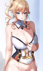Rule 34 | 1girl, bare shoulders, blonde hair, blue eyes, breasts, cleavage, curvy, detached collar, female pubic hair, genshin impact, high ponytail, highres, jean (genshin impact), large breasts, long hair, no pants, parted lips, pubic hair, sidelocks, sweat, tinnies