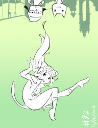 Rule 34 | 1girl, 2012, animal ears, beanie, cat, cat ears, cat tail, catsuit, crossover, dated, doko demo issho, goggles, goggles on head, gravity daze, green theme, hat, helmet, inoue toro, junkpuyo, kitten (gravity daze), limited palette, long hair, monochrome, parappa, parappa the rapper, playstation all-stars battle royale, ponytail, sony, tail, upside-down, waving, unfinished