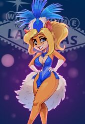 Rule 34 | 1girl, animal ears, blonde hair, blue eyes, blue leotard, breasts, cleavage, crash bandicoot (series), english text, furry, furry female, gloves, hands on own hips, highres, isabella bandicoot, large breasts, las vegas, leotard, looking at viewer, magaska, showgirl, solo, white gloves