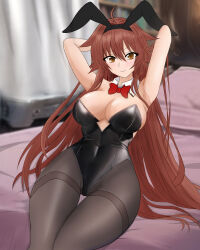 Rule 34 | 1girl, ahoge, animal ears, arms behind head, artist request, breasts, brown eyes, brown hair, hair flaps, highres, kantai collection, large breasts, leotard, long hair, pantyhose, playboy bunny, rabbit ears, shiratsuyu (kancolle), very long hair