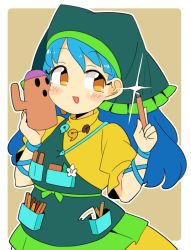 Rule 34 | 1girl, alternate eye color, apron, blue hair, blush stickers, brown background, chibi, dress, flower, glint, green apron, green headwear, haniwa (statue), haniyasushin keiki, head scarf, highres, holding, ini (inunabe00), jewelry, magatama, magatama necklace, necklace, open mouth, short sleeves, smile, solo, tools, touhou, upper body, yellow dress, yellow eyes