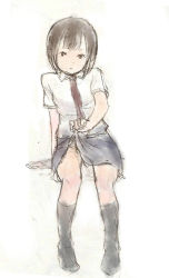 Rule 34 | 1girl, arm support, black eyes, brown hair, child, clothes lift, collar, kneehighs, mabera, monochrome, necktie, no shoes, short hair, sitting, sketch, skirt, skirt lift, socks, solo, white background