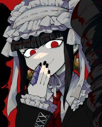 Rule 34 | 1girl, bad id, bad twitter id, black hair, bonnet, celestia ludenberg, claw ring, covering own mouth, danganronpa: trigger happy havoc, danganronpa (series), drill hair, earrings, frills, furukawa (yomawari), gothic lolita, hand over own mouth, highres, jacket, jewelry, lolita fashion, long hair, long sleeves, looking at viewer, nail polish, necktie, red eyes, red necktie, simple background, smile, solo, twin drills, twintails