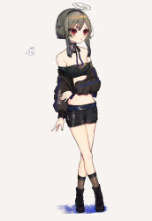 Rule 34 | 1girl, absurdres, bare shoulders, belt, black footwear, black hairband, black shorts, blue belt, breasts, cleavage, fishnets, full body, grey hair, hairband, halo, highres, jacket, long sleeves, mole, mole under mouth, navel, off shoulder, open clothes, open jacket, original, piru (exp 66), red eyes, short hair with long locks, shorts, simple background, small breasts, solo, standing, white background, zipper